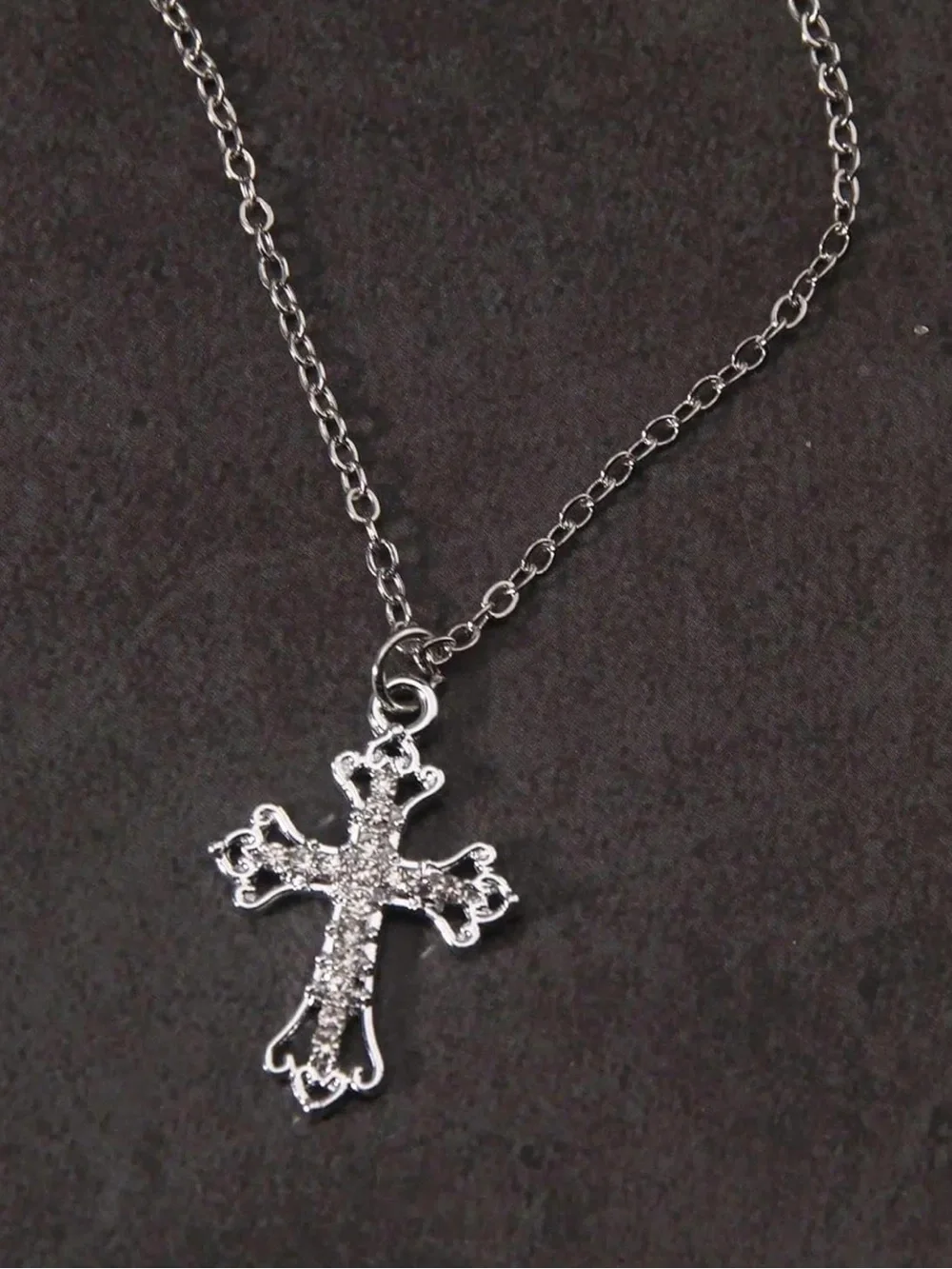 Silver Tone Cable Chain Necklace. Vintage Rhinestone Cross Pendant Necklace